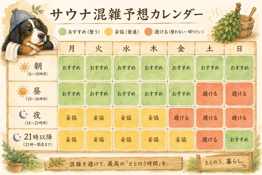 サウナ混雑予想カレンダー:曜日と時間帯別のおすすめ一覧、朝は全曜日OK、土曜と日曜の昼〜夜は避けるべき